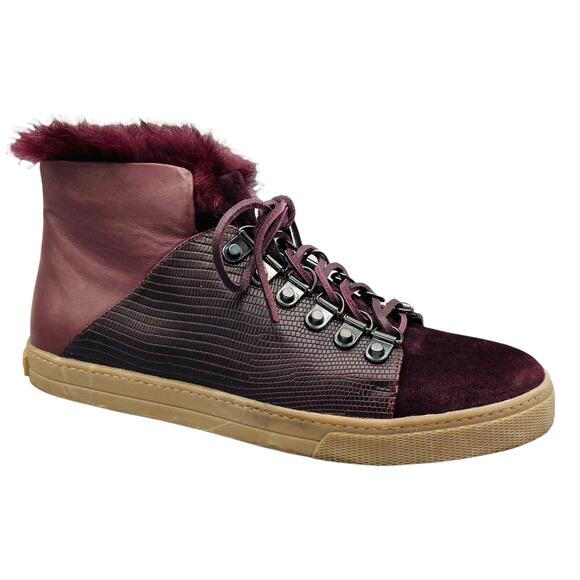 BCBGMAXAZRIA Deniz Hi Top Sneakers Size 7 Rabbit Fur Bordeaux‎ Burgundy Suede - Picture 1 of 13